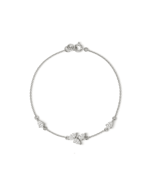 A delicate silver chain bracelet with a lobster clasp and three small butterfly-shaped crystal clusters, shown on a plain white background.