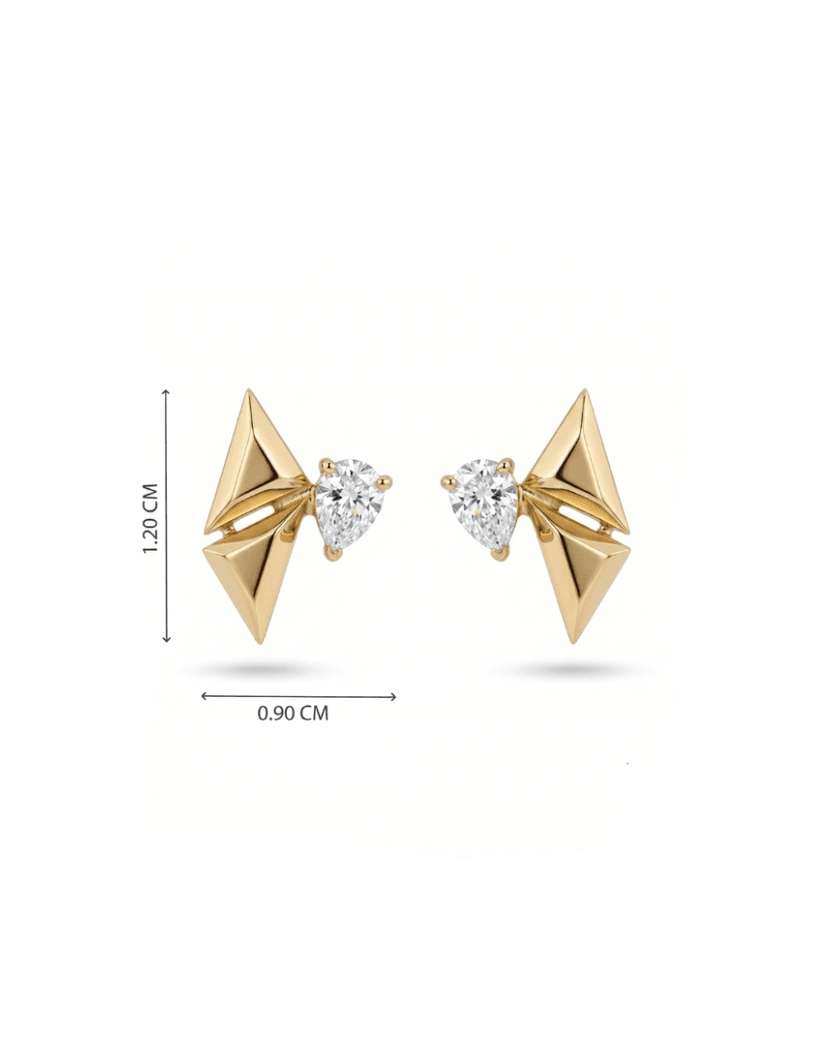 A pair of gold geometric stud earrings with triangular pyramid shapes and a small heart-shaped clear gemstone in the center, shown on a white background with dimension markers indicating 1.20 cm height and 0.