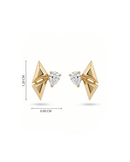 A pair of gold geometric stud earrings with triangular pyramid shapes and a small heart-shaped clear gemstone in the center, shown on a white background with dimension markers indicating 1.20 cm height and 0.