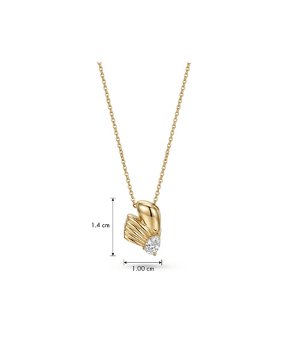 Gold pendant necklace with a sculpted wing design and a clear teardrop gemstone, shown on a white background with dimension markers indicating 1.4 cm height and 1.