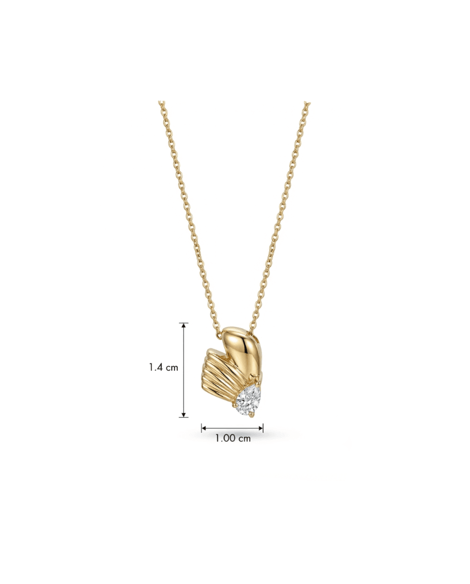 Gold pendant necklace with a sculpted wing design and a clear teardrop gemstone, shown on a white background with dimension markers indicating 1.4 cm height and 1.