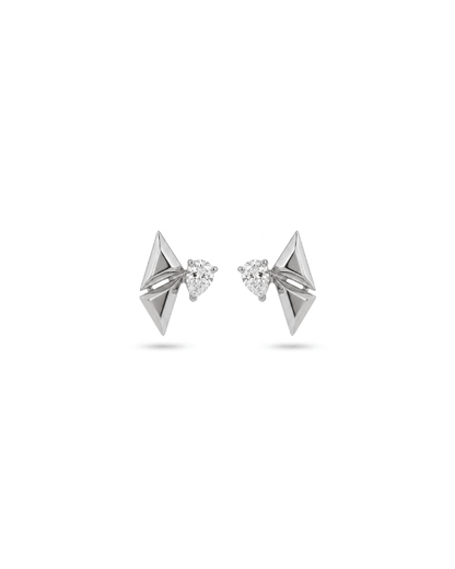 A pair of silver geometric stud earrings with triangular faceted side panels and a central clear heart-shaped gemstone, shown on a white background.