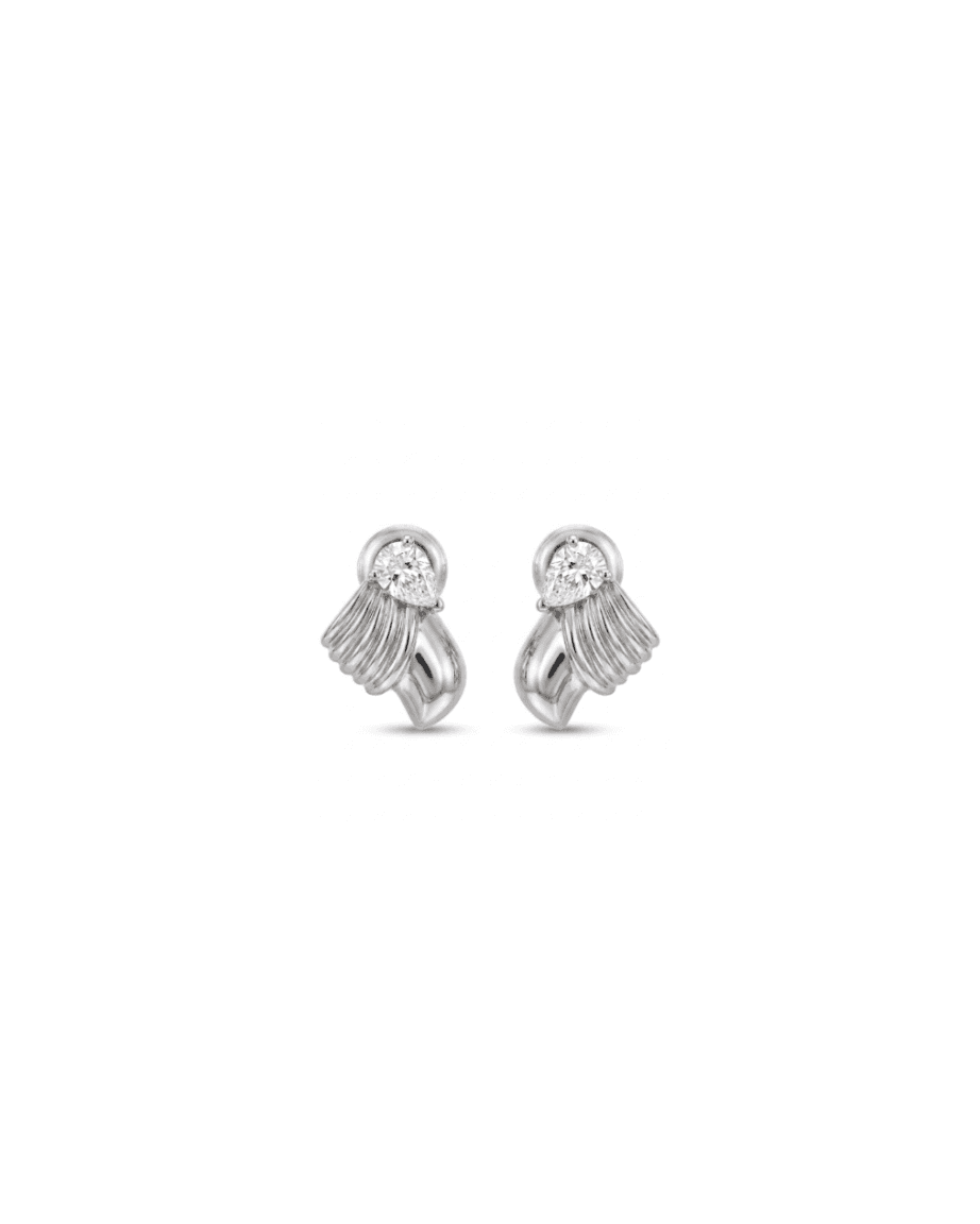 A pair of silver-toned wing-shaped stud earrings, each featuring a round-cut clear gemstone at the top and a textured, ribbed wing design below, set against a plain white background.