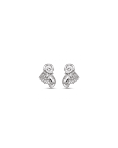 A pair of silver-toned wing-shaped stud earrings, each featuring a round-cut clear gemstone at the top and a textured, ribbed wing design below, set against a plain white background.