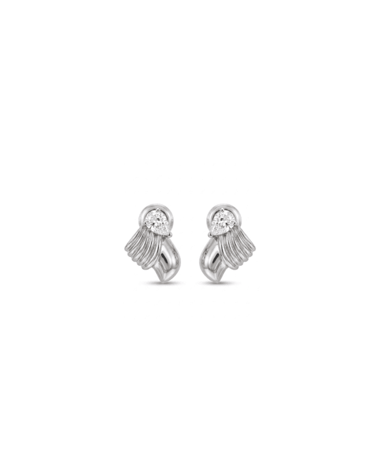 A pair of silver-toned wing-shaped stud earrings, each featuring a round-cut clear gemstone at the top and a textured, ribbed wing design below, set against a plain white background.