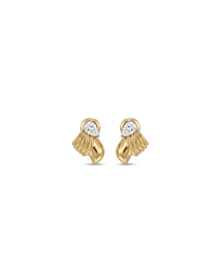 A pair of gold and white gold drop earrings featuring a marquise-cut clear gemstone in a prong setting, with a textured, ribbed gold wing-like design below, shown on a plain white background.