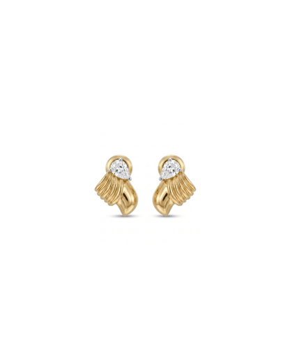 A pair of gold and white gold drop earrings featuring a marquise-cut clear gemstone in a prong setting, with a textured, ribbed gold wing-like design below, shown on a plain white background.