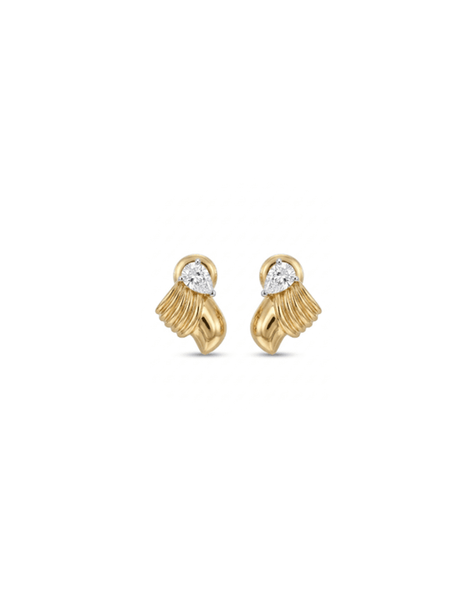 A pair of gold and white gold drop earrings featuring a marquise-cut clear gemstone in a prong setting, with a textured, ribbed gold wing-like design below, shown on a plain white background.