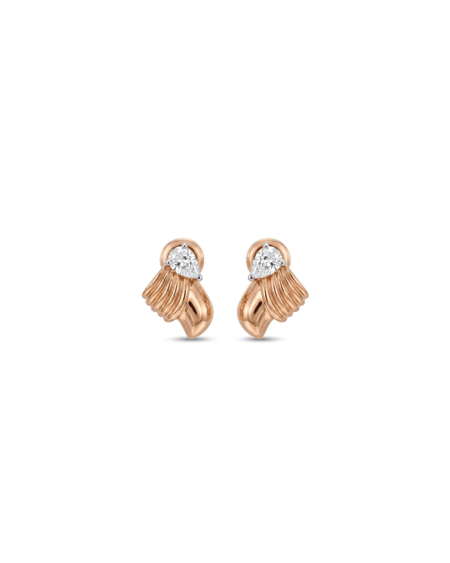 A pair of rose gold earrings with a textured, ribbed leaf-like design and a small pear-cut clear gemstone at the top, set against a plain white background.