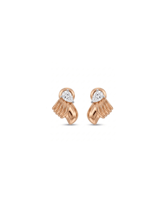 A pair of rose gold earrings with a textured, ribbed leaf-like design and a small pear-cut clear gemstone at the top, set against a plain white background.