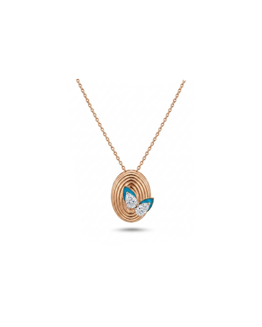 A rose gold necklace with a coiled oval pendant featuring a butterfly design with turquoise blue enamel and clear gemstones, shown on a white background.