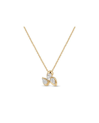 A gold necklace with a three-petal flower pendant, featuring clear gemstones in the center of each petal, set against a plain white background.