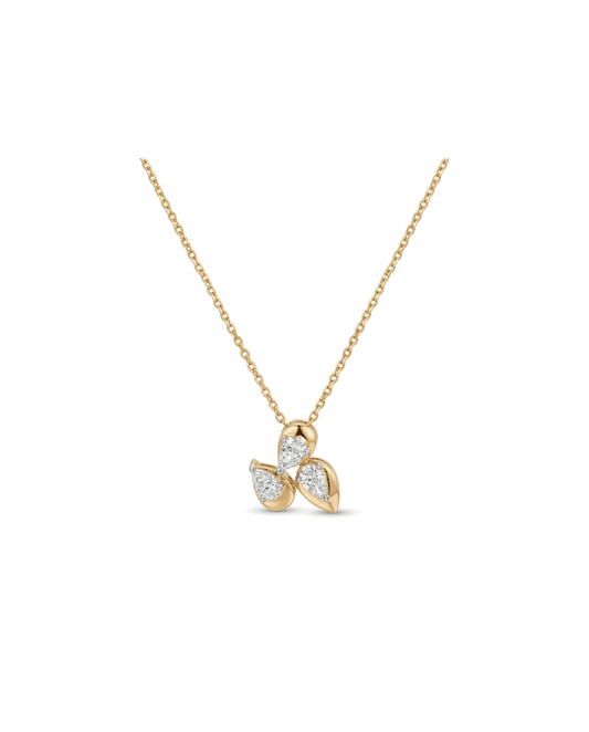 A gold necklace with a three-petal flower pendant, featuring clear gemstones in the center of each petal, set against a plain white background.